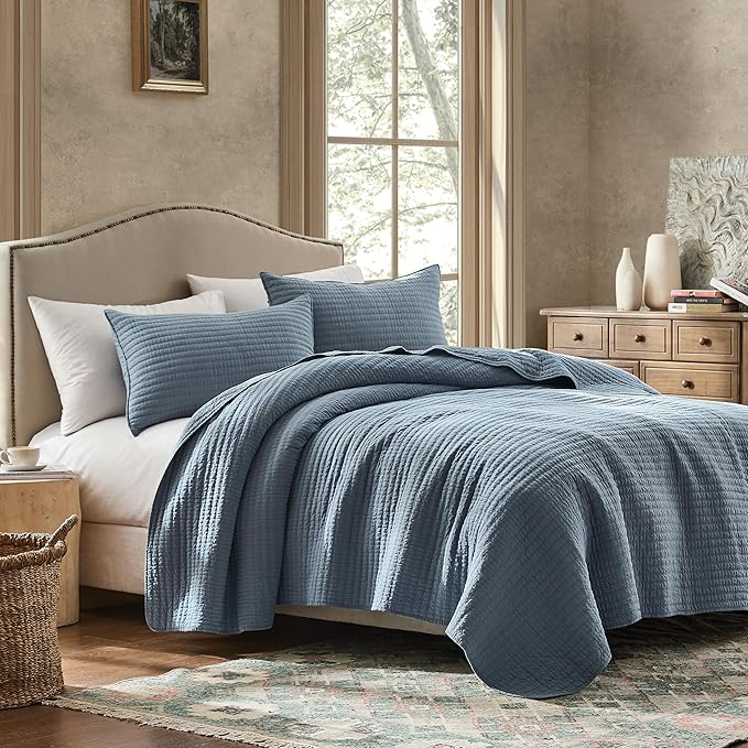 WDCOZY 100% Cotton Oversized King Size Quilt Set - Dusty Blue California Cal King Striped Pick Stitch Soft Lightweight Bedspread, Textured Like Linen, Farmhouse Country Rustic Coverlet, 3 Pieces