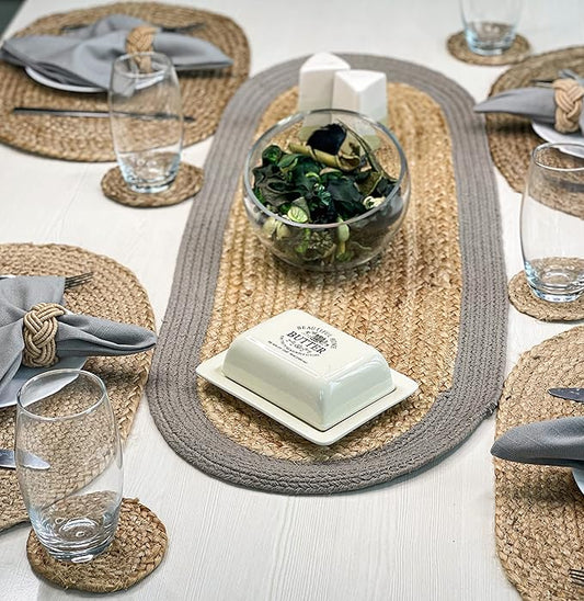 CHARDIN HOME Verona Oval Woven Jute & Cotton Braided Table Runner, Size -13 x 36 Inches, Color - Natural Jute with Grey Border