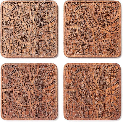 Nashville, TN Map Coaster by O3 Design Studio, Set of 4, Sapele Wooden Coaster with city map, Multiple city optional, Handmade