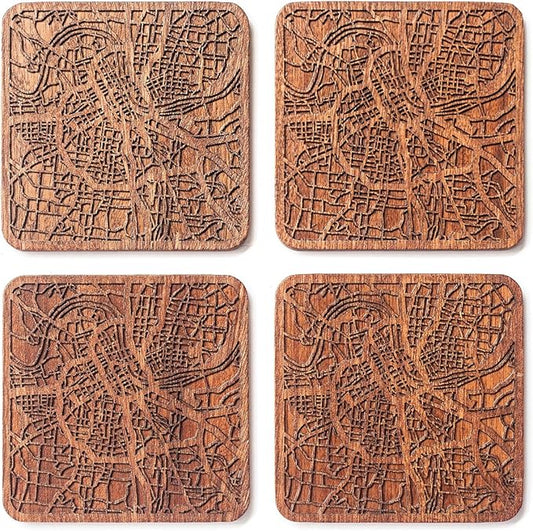 Nashville, TN Map Coaster by O3 Design Studio, Set of 4, Sapele Wooden Coaster with city map, Multiple city optional, Handmade