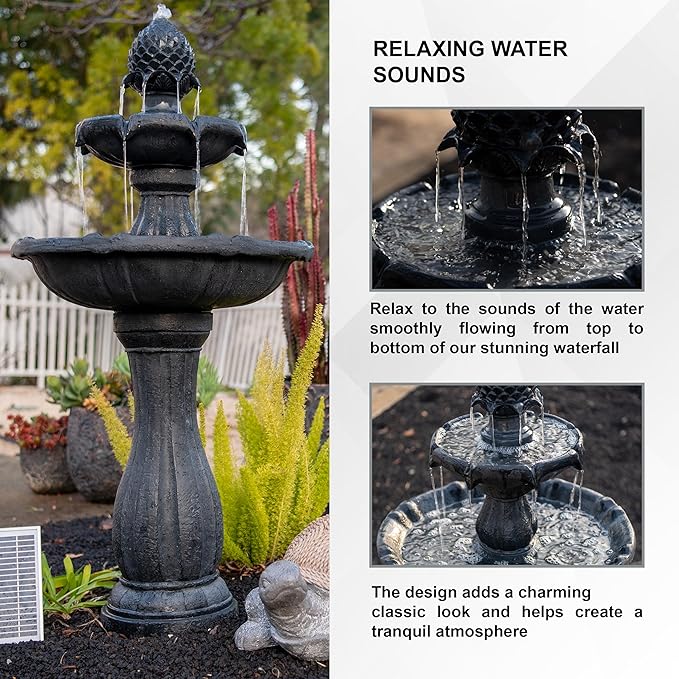 XBrand 44" H Black Fiberglass/Resin 2-Tier Solar Water Fountain with Auto-Shut Off Pump, Tall Outdoor Fountain, Two Tiered Birdbath