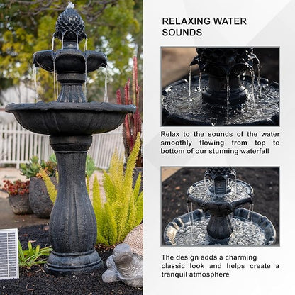 XBrand 44" H Black Fiberglass/Resin 2-Tier Solar Water Fountain with Auto-Shut Off Pump, Tall Outdoor Fountain, Two Tiered Birdbath