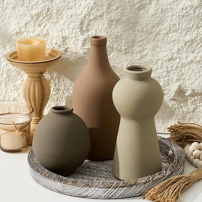 Ceramic Vase Set of 3, Nordic Minimalist Multicolor Vases Home Decor, Rustic Farmhouse Decor Pottery Vases for Bouquet Pampas Grass Dried Fresh Flowers, Living Room, Entryway Mantel, Kitchen, Bedroom