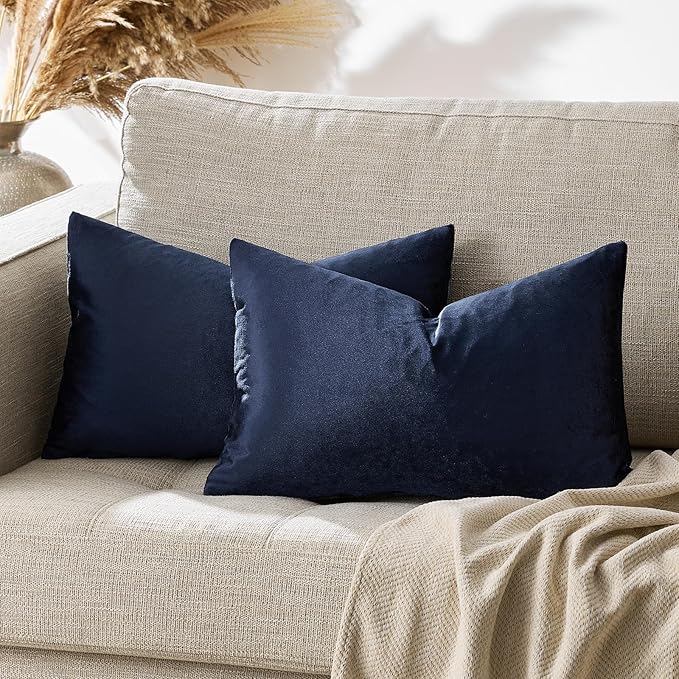 GIGIZAZA Navy Blue Velvet Pillow Covers 12x20,Small Solid Throw Pillow Covers Decorative Modern Pillows Lumabr Vintage Cases Pack of 2