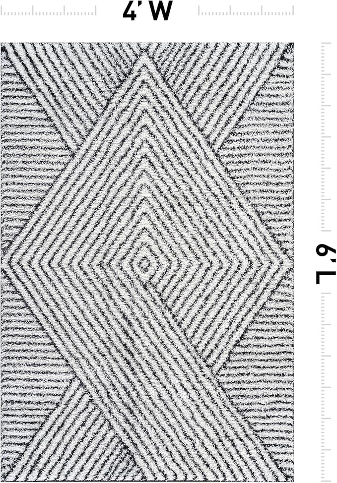 Rugshop Geometric Diamond Stripe Shag Area Rug White 4' x 6' Ideal for Small Living Rooms, Offices, or Beside The Bed