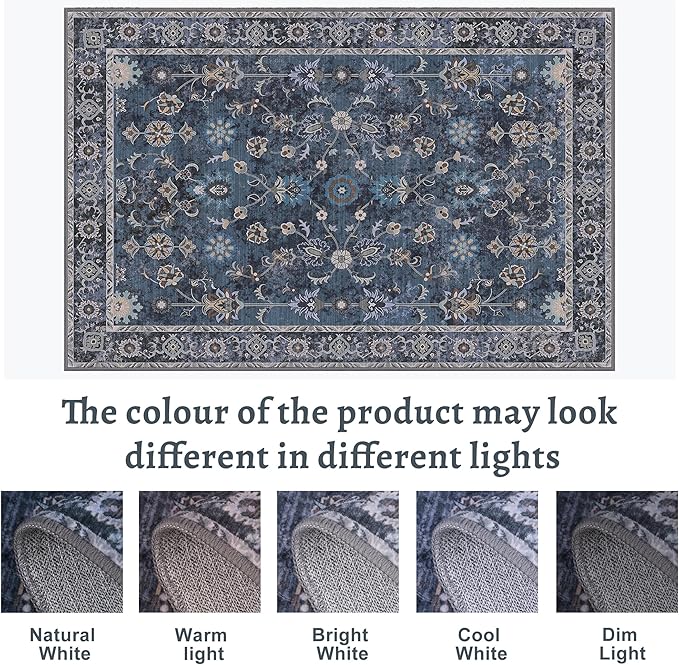 Tangsoo Vintage Round Rug 6ft Washable Circle Rug, Non Slip Boho Round Area Rug, Low Pile Floral Circular Rugs, Large Round Carpet for Livingroom,Bedroom,Nursery,Dorm,Office,Blue Room Decor