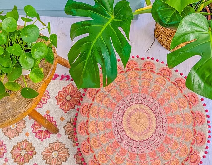 Mandala Life ART Large Boho Pouf Cushion Cover Pink Round Floor Pillow Luxury Kids Room Décor Cotton Pouf Ottoman Cushion for Meditation Yoga and Boho Chic Seating Area Stool Cotton 24x8 Unstuffed