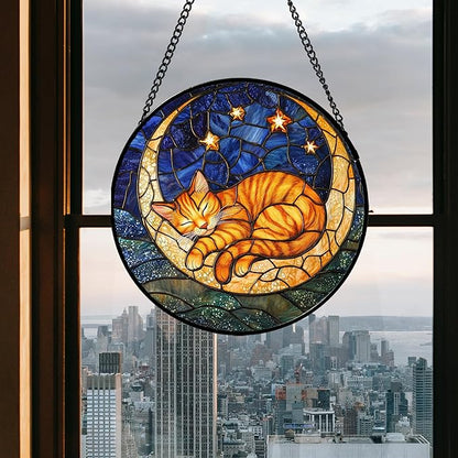 Stained Glass Window Hanging - Orange Moon Sleeping Cat Sun Catcher for Door Home Decor Blue Starry Sky Suncatcher Christmas Mother's Day Birthday Gifts for Women Men Mom Nana 7.8 in