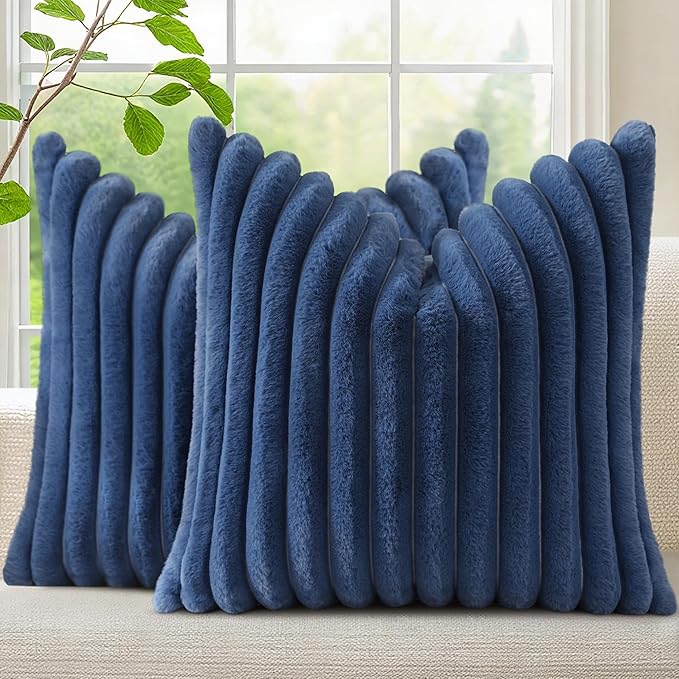 decorUhome Faux Fur Spring Throw Pillow Covers 20x20 Set of 2, Decorative Soft Plush Striped Neutral Couch Pillow Covers with Velvet Back for Sofa, Bed, Living Room Home, Blue