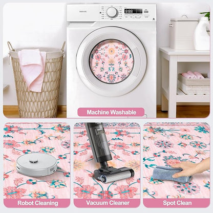 Tangsoo 3x5 Pink Small Area Rug for Bedroom Girls, Non Slip Washable Cute Floral Rug for Nursery Bedside, Soft Low Pile Front Door Carpet Indoor Entrance Inside House Bathroom Classroom Teen Room