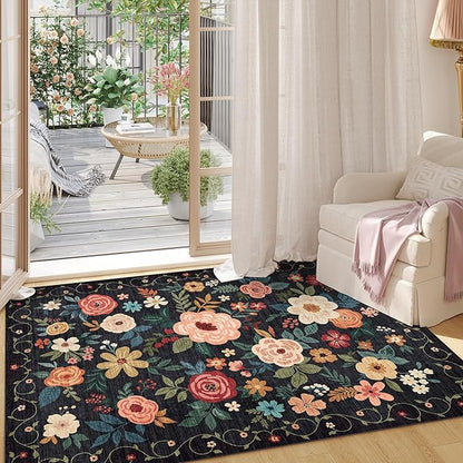 DUKINO 2x3 Rugs for Entryway, Floral Indoor Washable Door Mat, Non Slip Boho Small Rug for Kitchen, Soft Low Pile, Front Door Throw Rug for Entrance, Bedroom, Kitchen, Laundry, Bathroom, Black