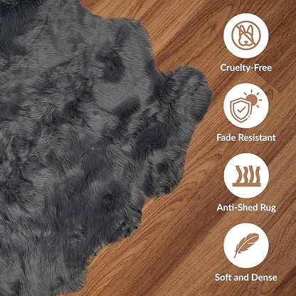 Luxe Gordon Faux Fur Rug with Soft and Fluffy Pile | Machine Washable Living Room Rug with Anti-Slip Backing | Cruelty-Free Area Rugs for Office or Bedroom, Grey, 5 ft x 6 ft