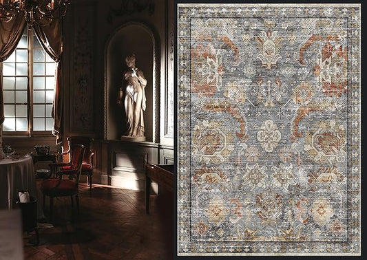 RUGSURE Washable Area Rugs - Perfect for Living Room, Bedroom, Kids Room, Nursery - Stain & Water Resistant Non-Slip, Pet & Child Friendly, Vintage Tribal Area Rugs (Turmeric and Grey, 4' x 6')