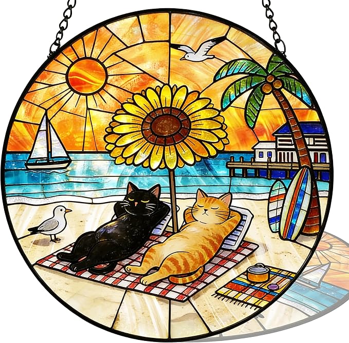 Cat Stained Glass Suncatcher Window, Cat Sun Catchers Indoor Window, Suncatcher for Mom/Women (Black & Orange)
