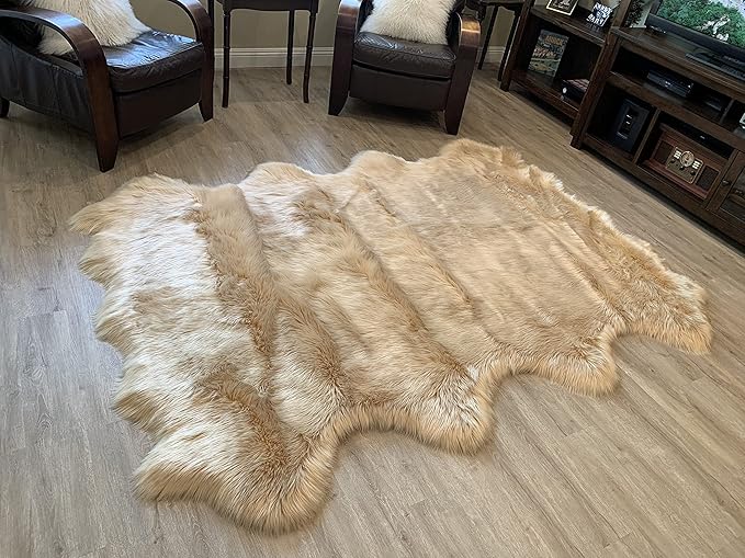 LAMBZY Faux Sheepskin Super Soft Hypoallergenic Silky Shag Rug for Living Room, Kids Room, Sofa (Octo 8 Pelts 6'x8', Beige)