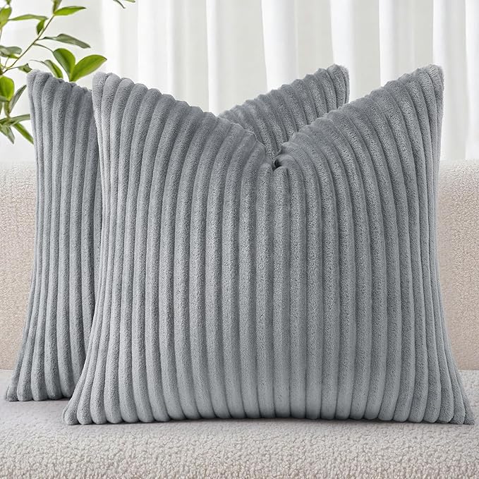 Simmore Decorative Spring Euro Sham Throw Pillow Covers 22x22 Set of 2, Soft Natural Plush Flannel Double-Sided Fluffy Couch Pillow Covers for Sofa Living Room, Grey