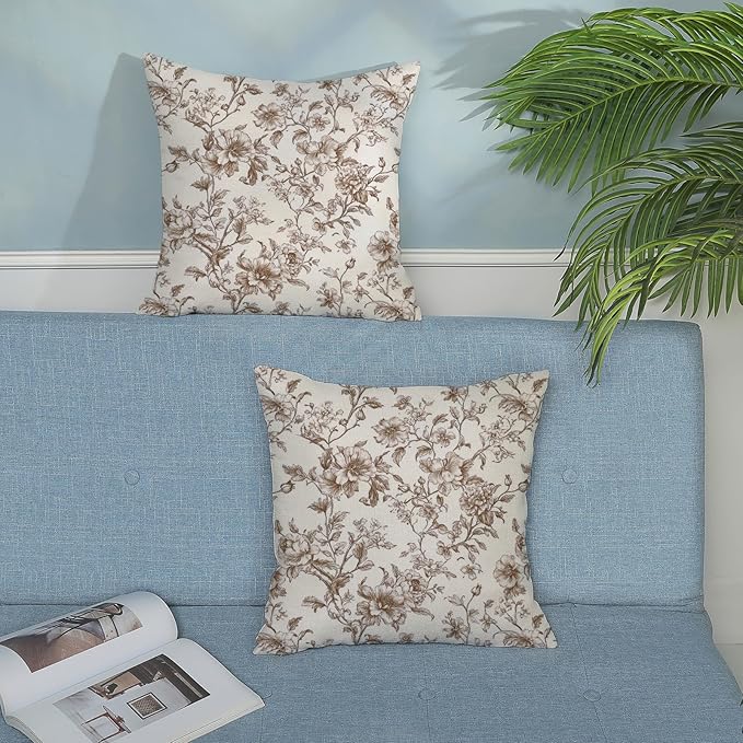 Brown Pillow Covers 18x18 Set of 2 Brown and Cream Floral Chinoiserie Throw Pillows Vintage Rustic Toile Flower Decorative Pillow Cases Outdoor Chinoiserie Decor Cushion Case for Couch Sofa