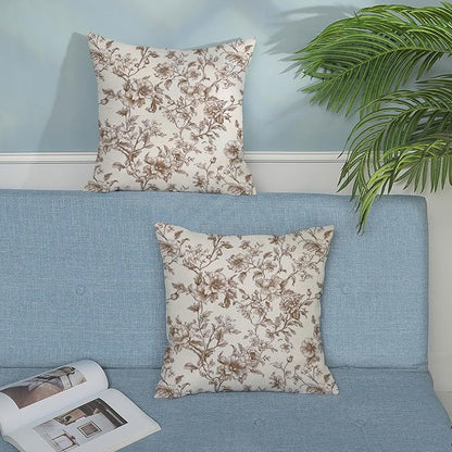 Brown Pillow Covers 16x16 Set of 2 Brown and Cream Floral Chinoiserie Throw Pillows Vintage Rustic Toile Flower Decorative Pillow Cases Outdoor Chinoiserie Decor Cushion Case for Couch Sofa