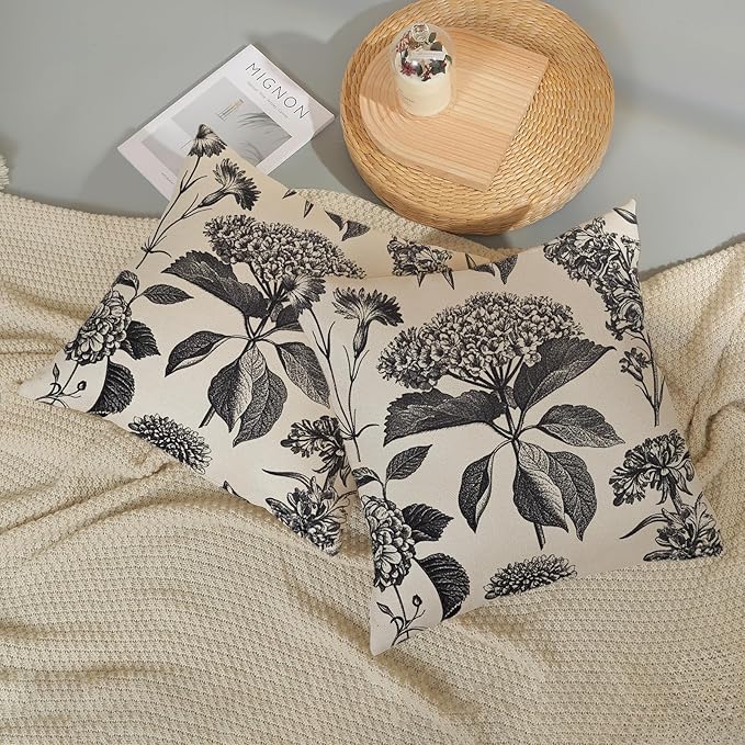 Black Pillow Covers 16x16 Set of 2 Vintage Boho Floral Hydrangea Herbs Botanical Throw Pillow Cover Outdoor Flower Decoration Pillowcase Linen Farmhouse Cushion Case Decorative for Couch Sofa