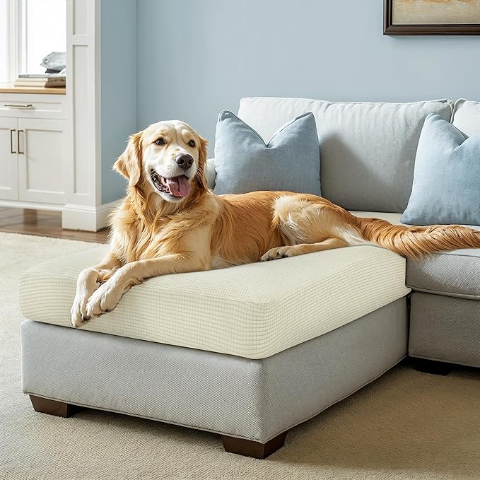 CHUN YI Stretch Sectional Couch Covers 1 Piece Chaise Lounge Slipcover L Shape Separate Cushion, Chaise Couch Cover for Both Left/Right Sectional Couch (Chaise Cover, Ivory White)