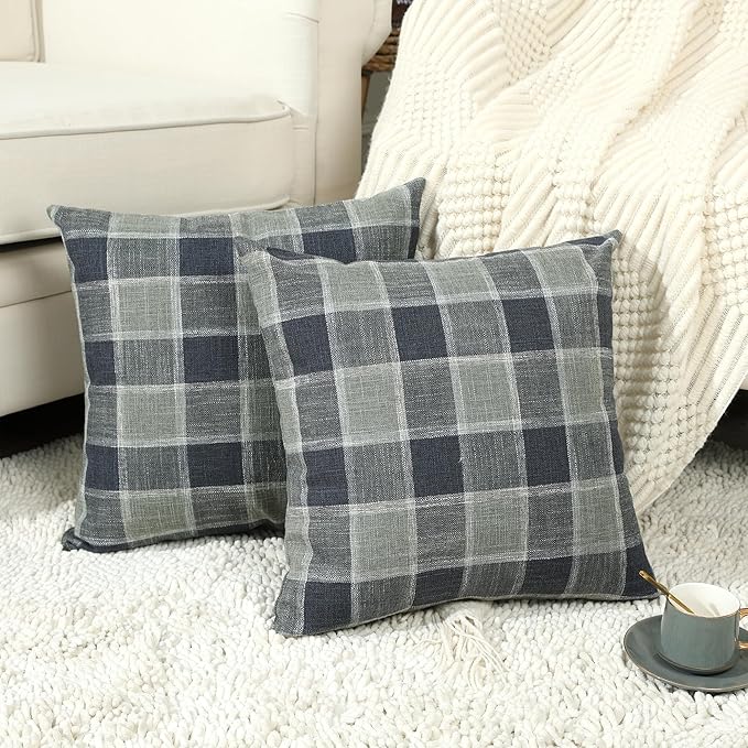 Stellhome Pack of 2 Linen Buffalo Check Throw Pillow Covers, Farmhouse Plaid Decorative Cushion Covers for Couch Sofa Living Room, 16x16 Inch, Dark Grey