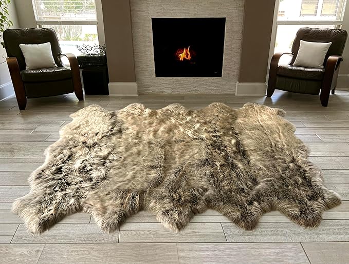 Free Shape Luxury Soft Fluffy Shag Area Rug Decto 10 Pelts 6'x10', 180x300cm - Vegan Fur Ultra Soft Indoor Carpet Nursery Rugs for Bedroom Home Decor, Brown with Beige Tips