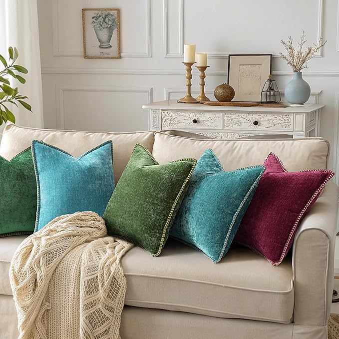 decorUhome Spring Chenille Soft Throw Pillow Covers 16x16 Set of 2, Farmhouse Velvet Neutral Decorative Pillow Covers with Stitched Edge for Couch Sofa Bed Home Decor, Green