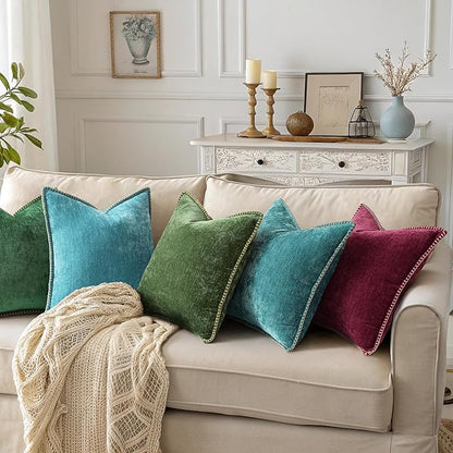 decorUhome Spring Chenille Soft Throw Pillow Covers 20x20 Set of 2, Farmhouse Velvet Neutral Decorative Pillow Covers with Stitched Edge for Couch Sofa Bed Home Decor, Forest Elf