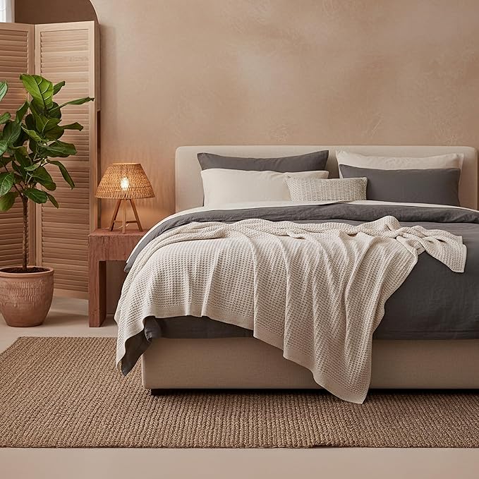 Bedsure Gentlesoft 100% Cotton Blanket Queen Size for Bed - Breathable and Soft, Thick Cozy Waffle Weave Christmas Blanket Gift for Women, Begie, 90x90 Inches