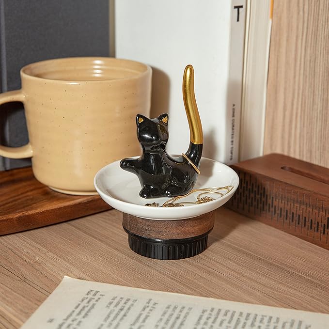 Cat Ring Holder Ceramic Jewelry Dish - Trinket Tray for Earrings and Organizer - Funny Themed Gifts for Cat Mom, Lovers, Birthday Gifts for Women