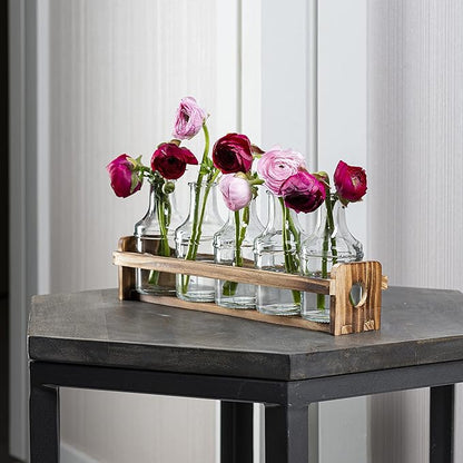 Le'raze Glass Flower Vase with Wooden Holder, Set of 6 Rectangular Bud Vases for Home Decor, Wedding, Mother's Day, Clear Glass, Metal Stand