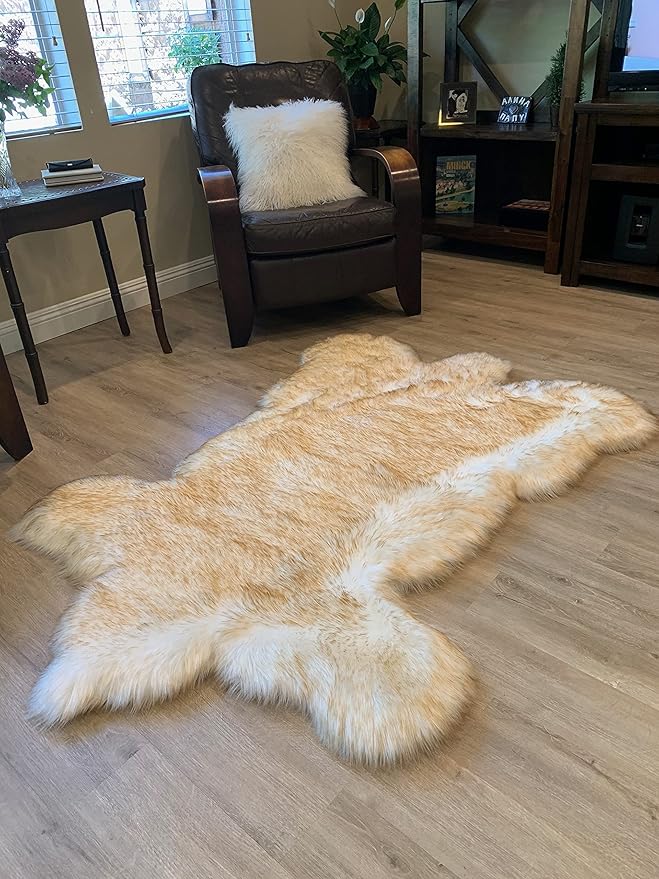 LAMBZY Faux Sheepskin Super Soft Hypoallergenic Silky Shag Bear Rug for Living Room, Kids Room, Sofa (2'x3', White/Brown Tips)
