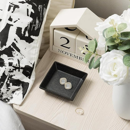 Ceramic Trinket Dish, Ring Tray, Decorative Jewelry Dish for Earrings Necklaces Watch Keys for Women (black square)