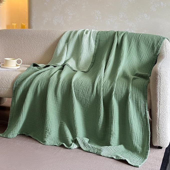 FALUCA Cotton Muslin Reversible Blanket Queen Size for Bed, Couch, Four Layers Blanket, Soft Lightweight Cozy Breathable Farmhouse Decoration for All-Season, Light Green