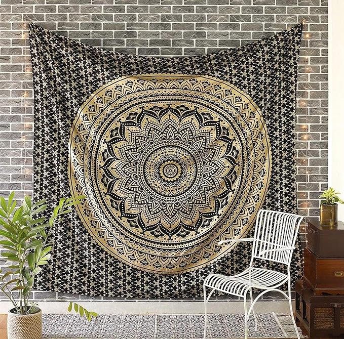 Rajsee Black Gold Mandala Tapestry for Bedroom - Aesthetic Indie Boho Trippy Wall Hanging 82x92 Inches