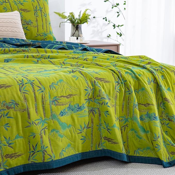 100% Cotton Muslin Jacquard 3 Piece Quilt Set Botanical Bamboo Leaf Print, Soft 3 Layers Gauze Bed Cover Reversible Bedspread Coverlet Breathable Lightweight Bedding Set, King