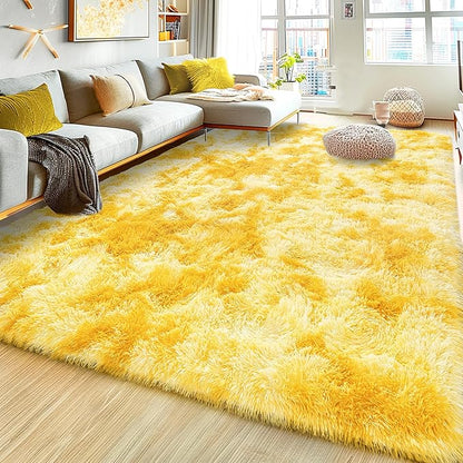 Super Fluffy Rug for Bedroom, 4x6 Shag Fuzzy Area Rug for Living Room Bedroom, Plush Soft Carpet for Girls Boys Kids, Non Slip Throw Rugs for Dorm, Modern Home Decor Aesthetic, Tie-Dyed Yellow