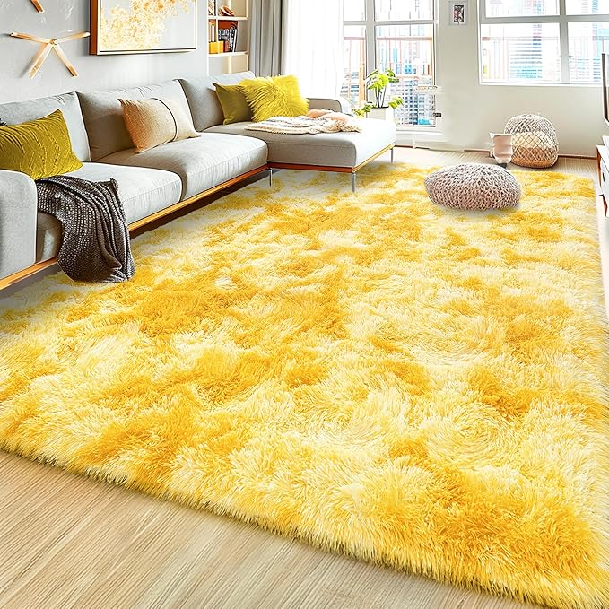 8x10 Large Area Rugs for Living Room, Ultra Fluffy Shag Rug for Bedroom, Modern Plush Soft Carpet for Girls Boys Kids Room Dorm Fuzzy Non Slip Rug for Home Decor Aesthetic, Tie-Dyed Yellow