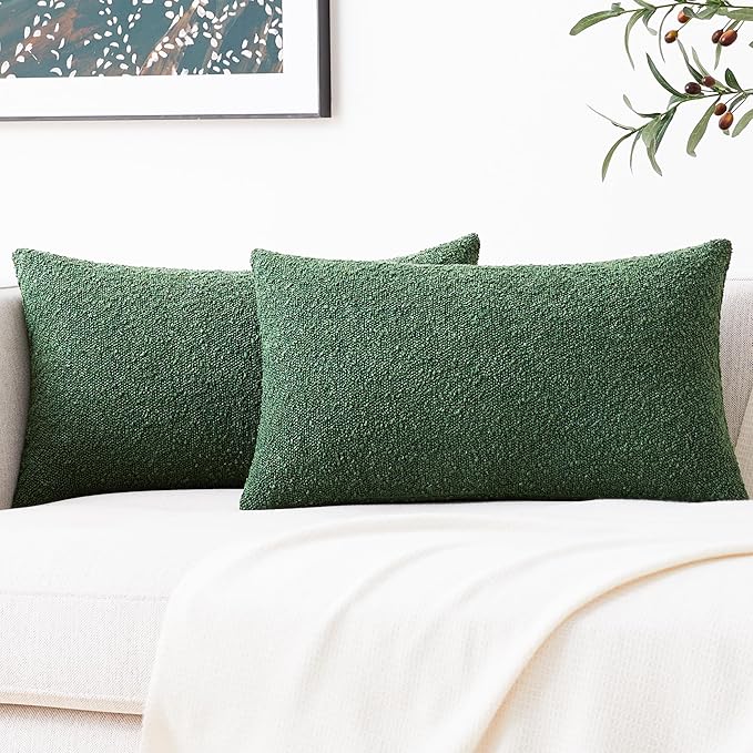 Mixhug Decorative Boucle Throw Pillow Covers, Forest Green, 12 x 20 Inches, Pack of 2 - Textured Boho Pillow Covers for Couch and Bed