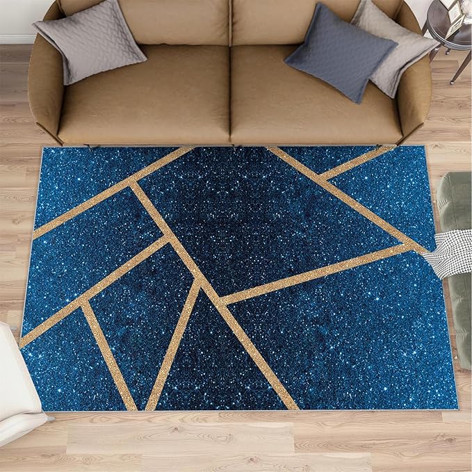 Abstract Marble Rug Navy Blue Marble Area Rug Blue Starry Geometric Area Rugs Gold Lined Geometric Shapes Rugs Modern Minimalist Carpet for Living Room Bedroom 3x4ft