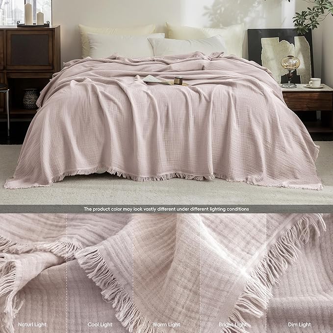 FOSSA Muslin Blanket with Fringe - 4-Layer 100% Cotton Gauze Super Soft & Breathable Throw -Lightweight Decorative Cooling Blanket for Bed, Sofa, Office (Greyish Pink, Twin XL (66" × 90"))