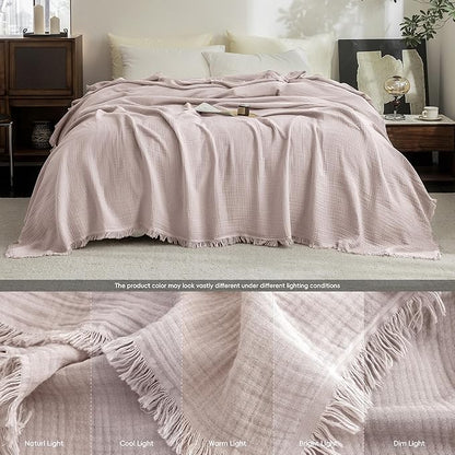 FOSSA Muslin Blanket with Fringe - 4-Layer 100% Cotton Gauze Super Soft & Breathable Throw -Lightweight Decorative Cooling Blanket for Bed, Sofa, Office (Greyish Pink, Twin XL (66" × 90"))