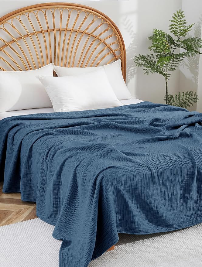 100% Cotton Muslin King Blanket (108" x 90") – A Luxuriously Soft, 4-Layer Lightweight and Breathable Gauze Blanket, Perfect for Year-Round use on beds, couches (Pacific Blue, King)