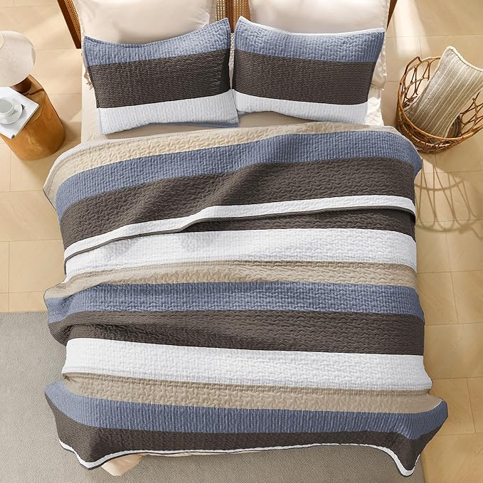Litanika Quilt King Size BluC, Stripe Patchwork Summer Bedspread Coverlet 3 Pieces, Soft Lightweight Microfiber Quilted Bedding Set for All Season(1 Quilt, 2 Pillowcases)