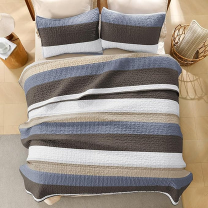 Litanika Quilt King Size BluC, Stripe Patchwork Summer Bedspread Coverlet 3 Pieces, Soft Lightweight Microfiber Quilted Bedding Set for All Season(1 Quilt, 2 Pillowcases)