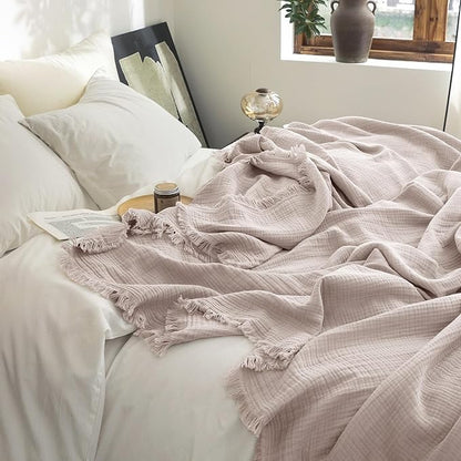 FOSSA Muslin Blanket with Fringe - 4-Layer 100% Cotton Gauze Super Soft & Breathable Throw -Lightweight Decorative Cooling Blanket for Bed, Sofa, Office (Greyish Pink, Queen (90" × 90"))