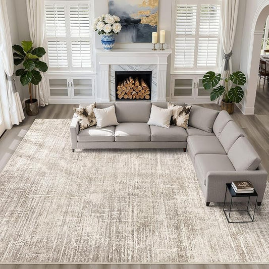 12x15 Area Rug Living Room: Washable Large Neutral Brown Rugs Abstract Soft Modern Stain Resistant Indoor Floor Non-Slip Carpet for Bedroom Nursery Kids Office Playroom Dining Room Under Table Home