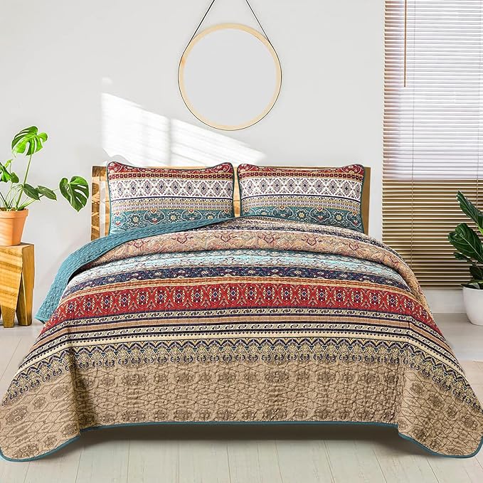 WONGS BEDDING Boho Quilt Set California King, Green and Brown Bohemian Striped Pattern Printed Quilt Coverlet, Lightweight Microfiber Bedspread for All Season 106"x96"(3 Pieces, Cal King)