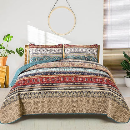 WONGS BEDDING Boho Full Quilt Set,3 Pieces Green Brown Bohemian Full Size Bedding Set Lightweight Microfiber Bed Decor Bedspread for All Season 78"x90"