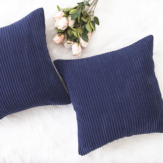 Home Brilliant Set of 2 Decorative Pillows for Couch Pillow Protectors for Sofa, Stripes Velvet, 40x40 cm, 16 x 16 Inch, Navy Blue
